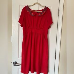 Elegant Red Dress with Embroidered Collar